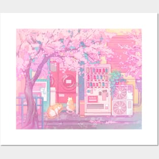 The kawaii Tokyo cats, laundry store and the pink sakura blossom Posters and Art